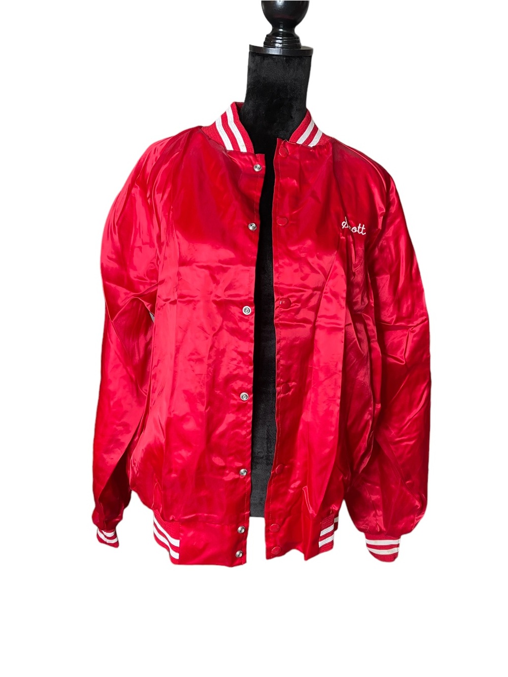 Men's Red Satin Varsity Jacket with Striped Rib Trim